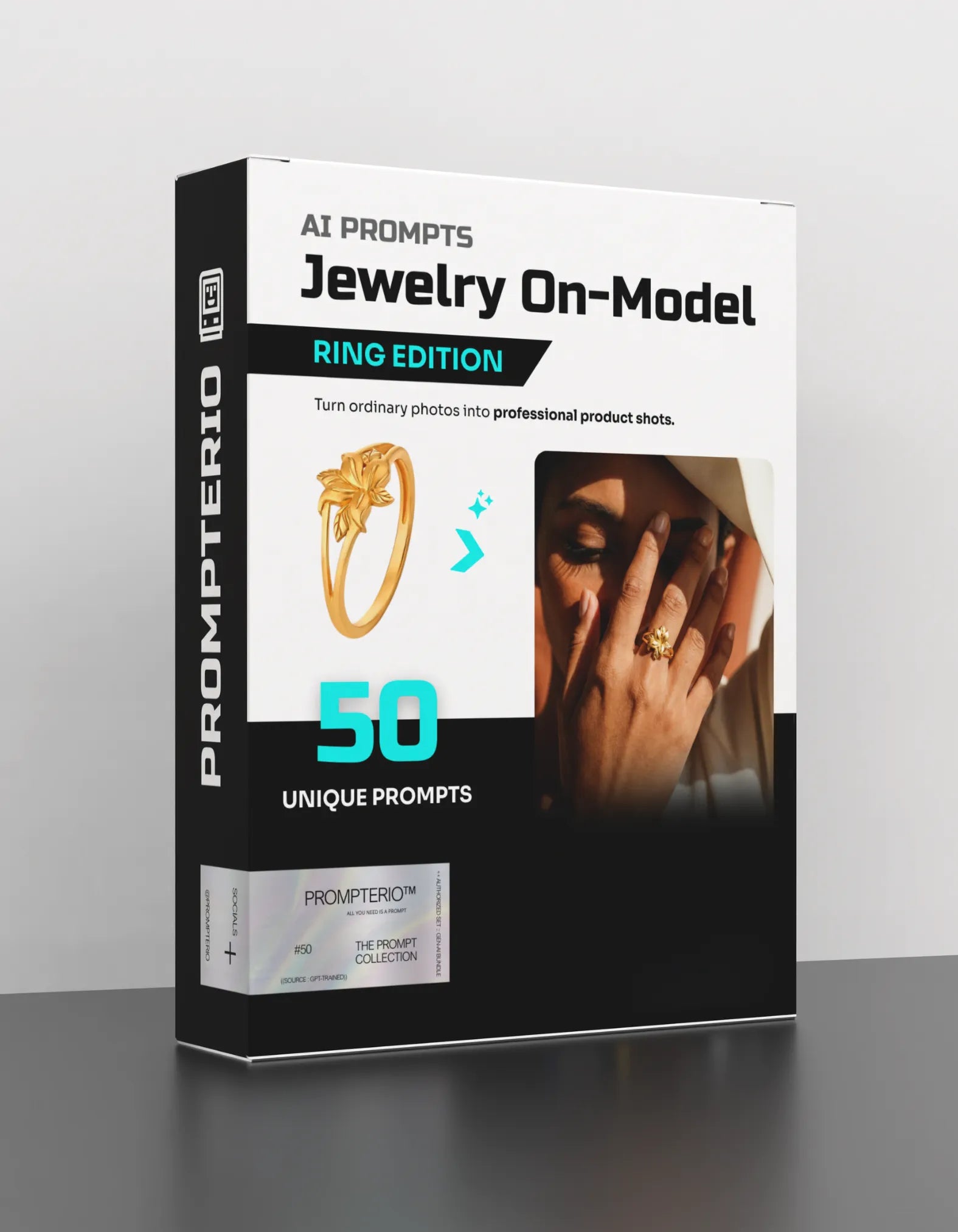 50 Rings: On-Model [Your Product] AI Prompts – PROMPTERIO