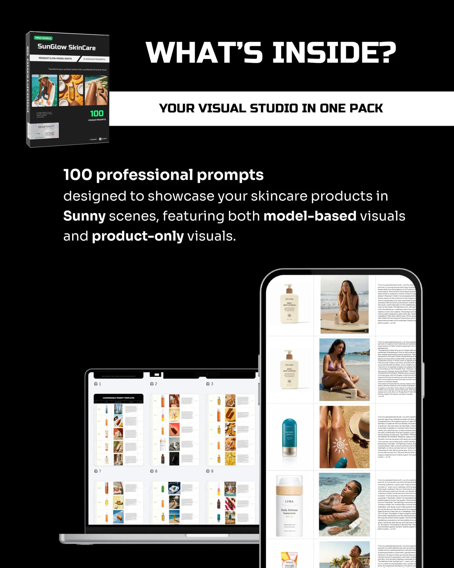 100 SunGlow SkinCare: Product & On-Model [Your Product] AI Prompt Bundle