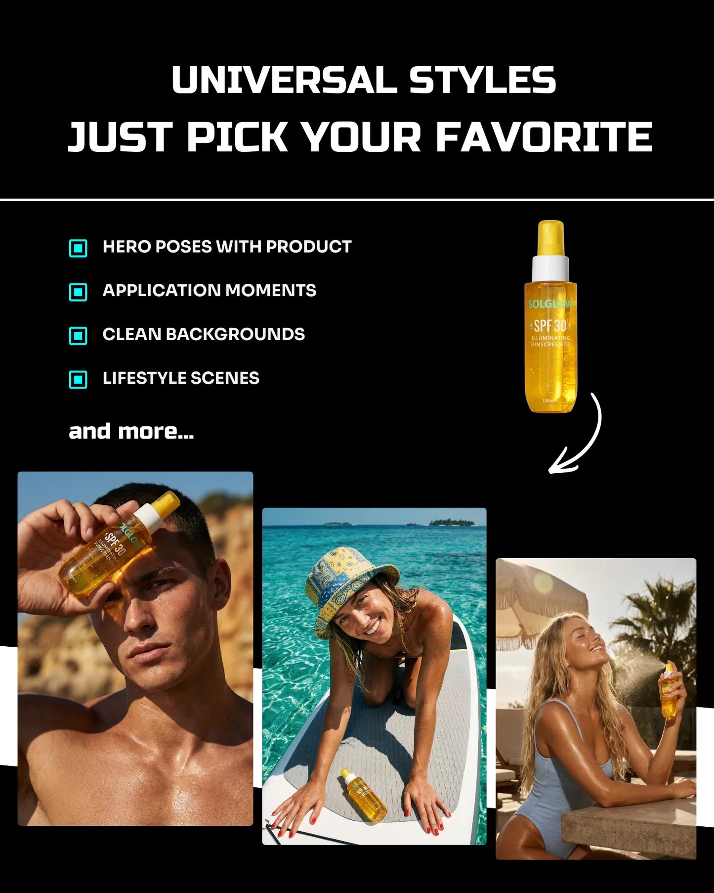 50 SunGlow SkinCare: On-Model [Your Product] AI Prompts