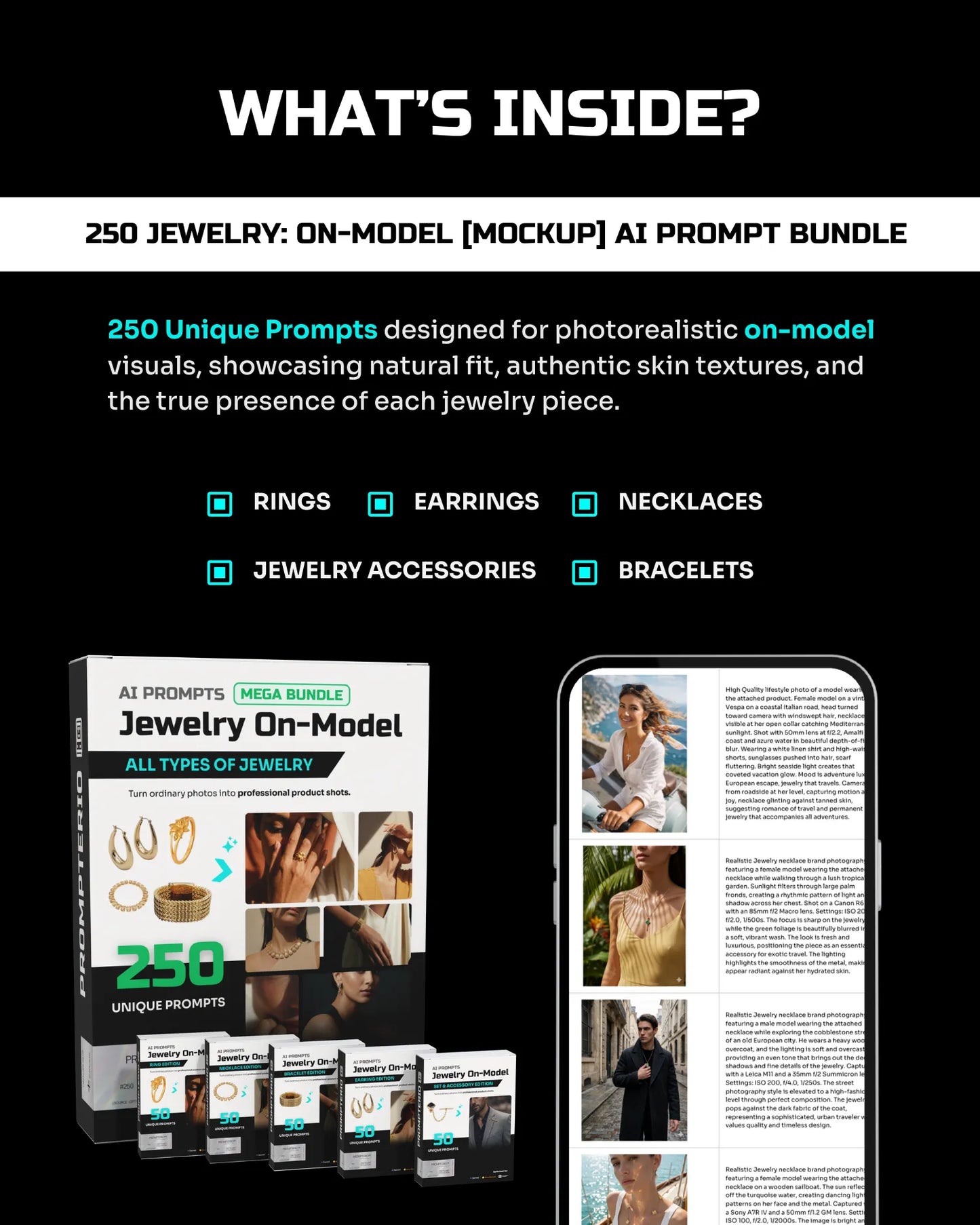 250 Jewelry: On-Model [Your Product] AI Prompt Bundle