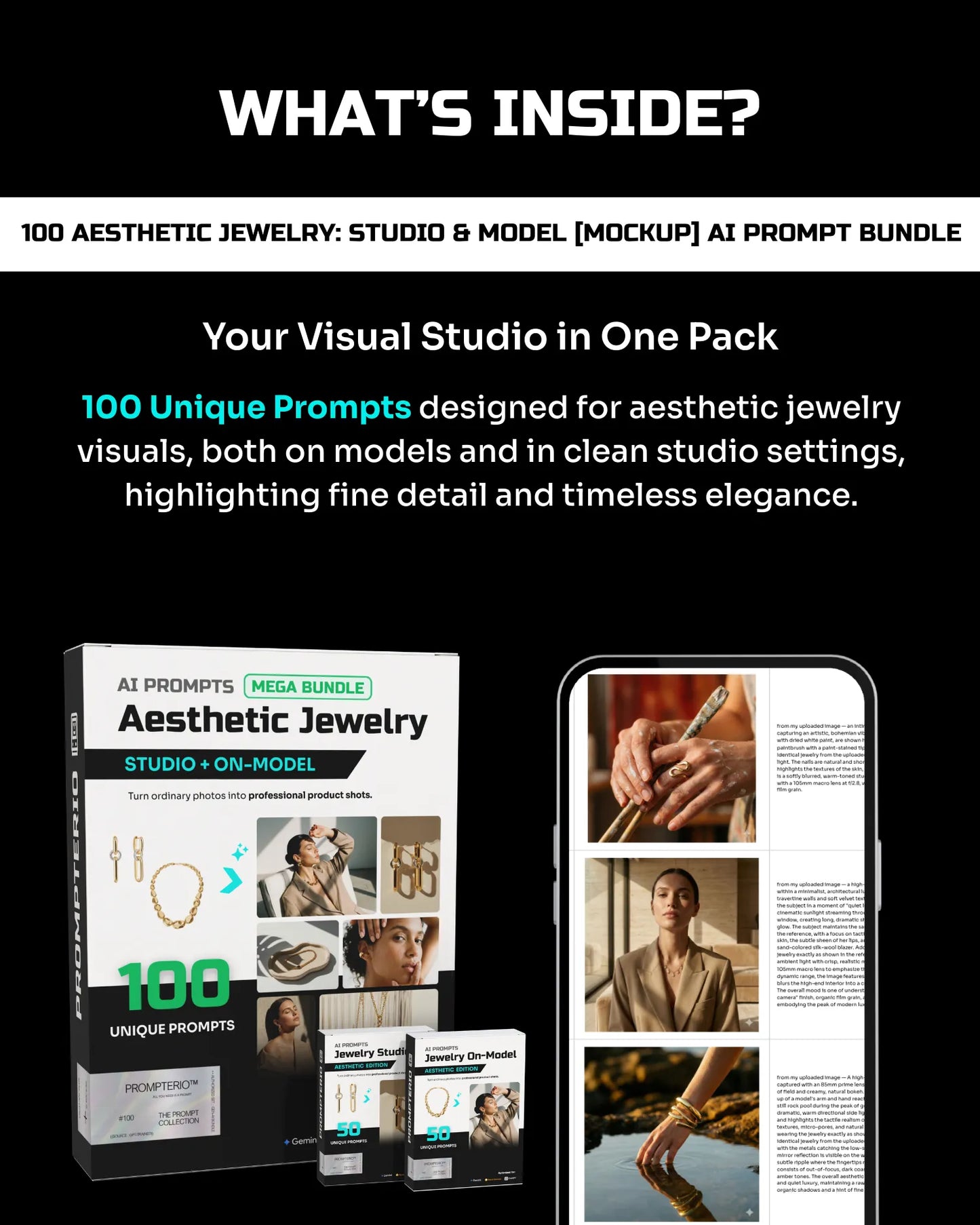 100 Aesthetic Jewelry: Studio & Model [Mockup] AI Prompt Bundle