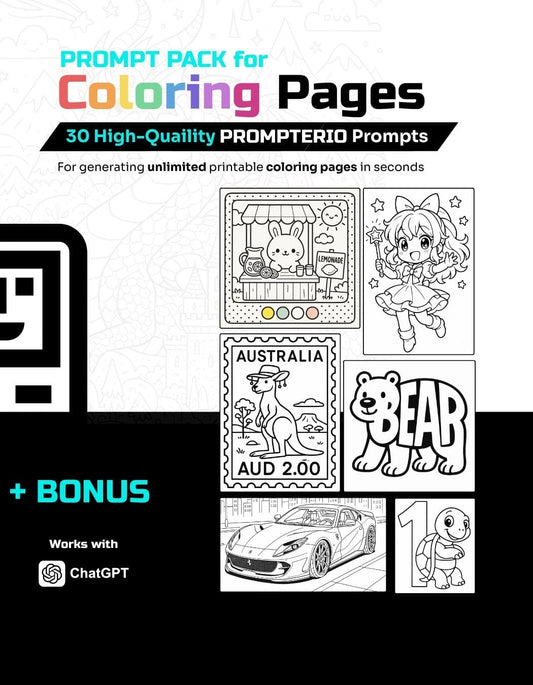 Endless Coloring Pages Pack – 30 PROMPTERIO™ Professional ChatGPT AI PROMPTS