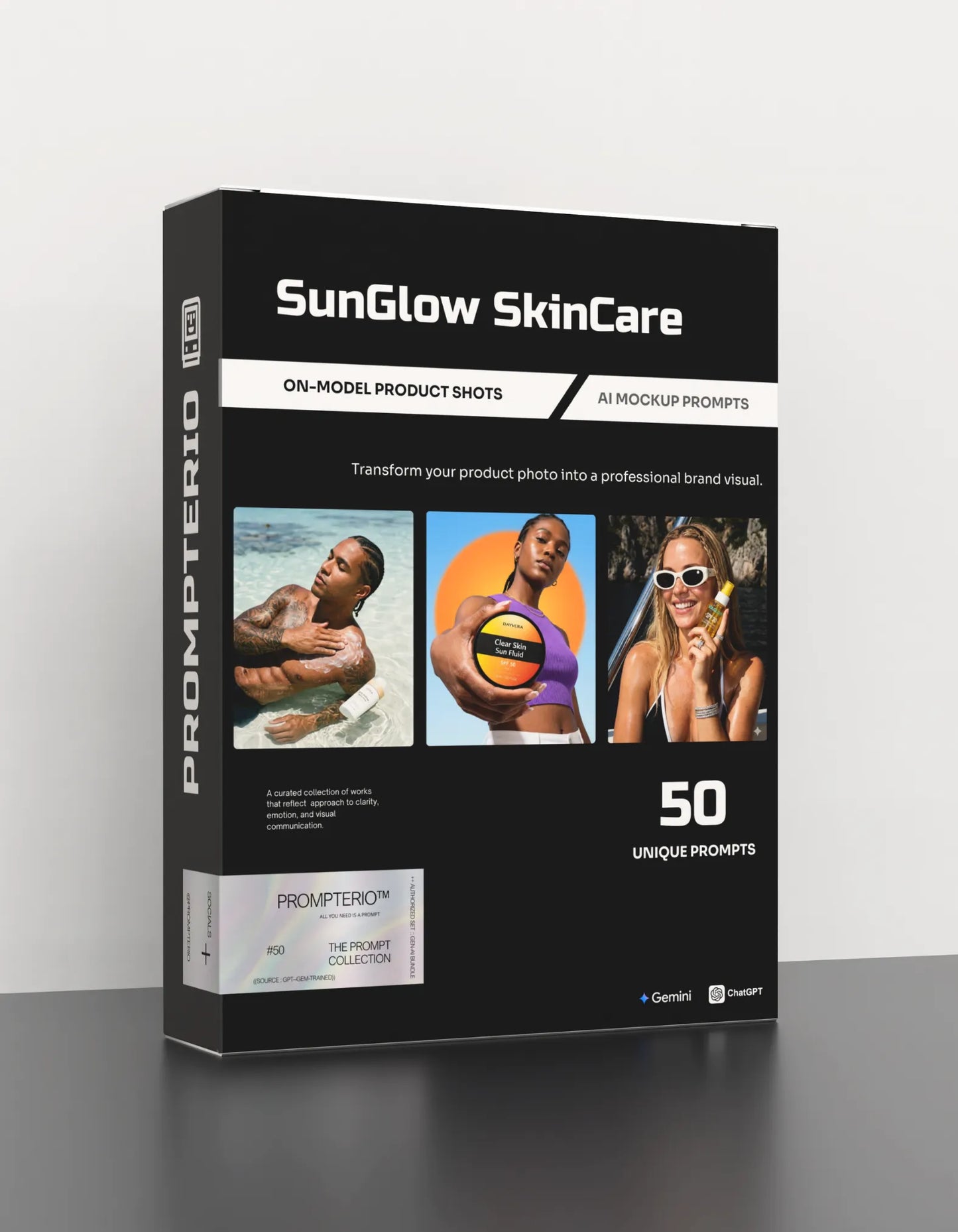 50 SunGlow SkinCare: On-Model [Your Product] AI Prompts