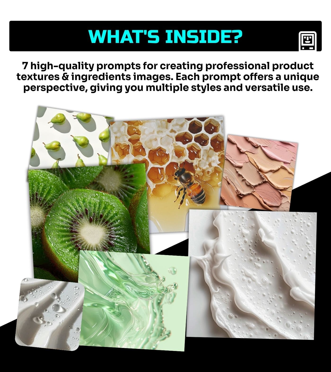 Detailed Cosmetic Textures & Ingredients – 7 Prompt Pack